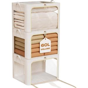 3Pack 60L Large Cloth Storage Bins with Metal Frame, Linen Storage Box with Clear Window, Stackable Sweater Storage for Closet, Clothes Containers for Comforters, Blankets, Quilts, T-shirt (Beige)