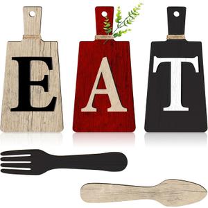 Jetec Cutting Board Eat Sign Set Hanging Art Kitchen Eat Sign Farmhouse Fork and Spoon Wall Decor Rustic Primitive Country Kitchen Decor for Home over Cabinet Decoration(Red, Black, Beige)
