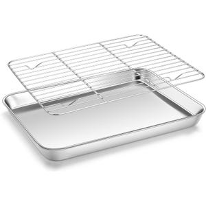 Homikit Baking Sheet with Rack, 9x13 Stainless Steel Quarter Sheet Pan with Wire Cooling Rack Set for Toaster Oven Roasting, Metal Bacon Cookie Trays Nonstick & Rust Free, Dishwasher Safe (12.4x9.6x1)