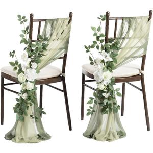 Ling's moment 8 Wedding Chair Decorations Aisle Pew Church Artificial Flowers Greenery Swag White Sage Green Bench Ceremony Reception Floral Faux Backdrop Rose Arrangements Party Outdoor Decorations