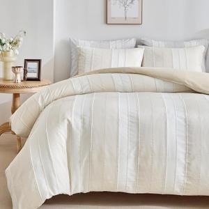 WARMDERN Khaki Striped Weave Duvet Cover King Size, White Knit Boho Duvet Cover Set, Microfiber Textured Bedding Set with Zipper Closure and Corner Ties (Khaki, King)
