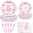 Avezano 96pcs 15th Birthday Decorations for Girls 15th Birthday Plates and Napkins Pink Bow Disposable 15 Years Old Party Decorations Serve 24 Guests