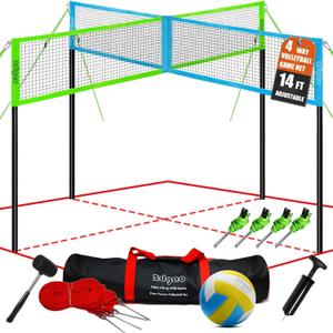 Zdgao 14 ft/20 ft 4-Way Volleyball and Badminton Combo Net with Soft Volleyball, Rubber Hammer and Carry Bag, Adjustable Height Four Square Volleyball Game Set for Backyard and Beach