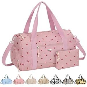 Vankor Corduroy Gym Bag for Women Teen Girls Kids Cute, Small Womens Girl Gym Duffle bag with Shoe Compartment Portable for Sport Dance Workout Travel Pink Corduroy Strawberry