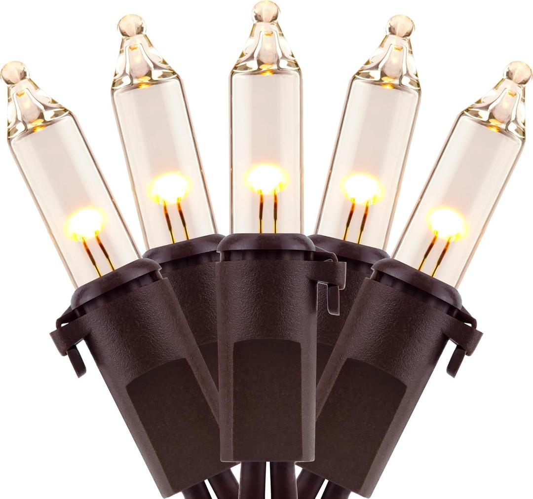 YULETIME 100 Count Clear Warm White Christmas Lights, 33 Feet Brown Wire UL Certified Incandescent-Like LED Mini String Lights