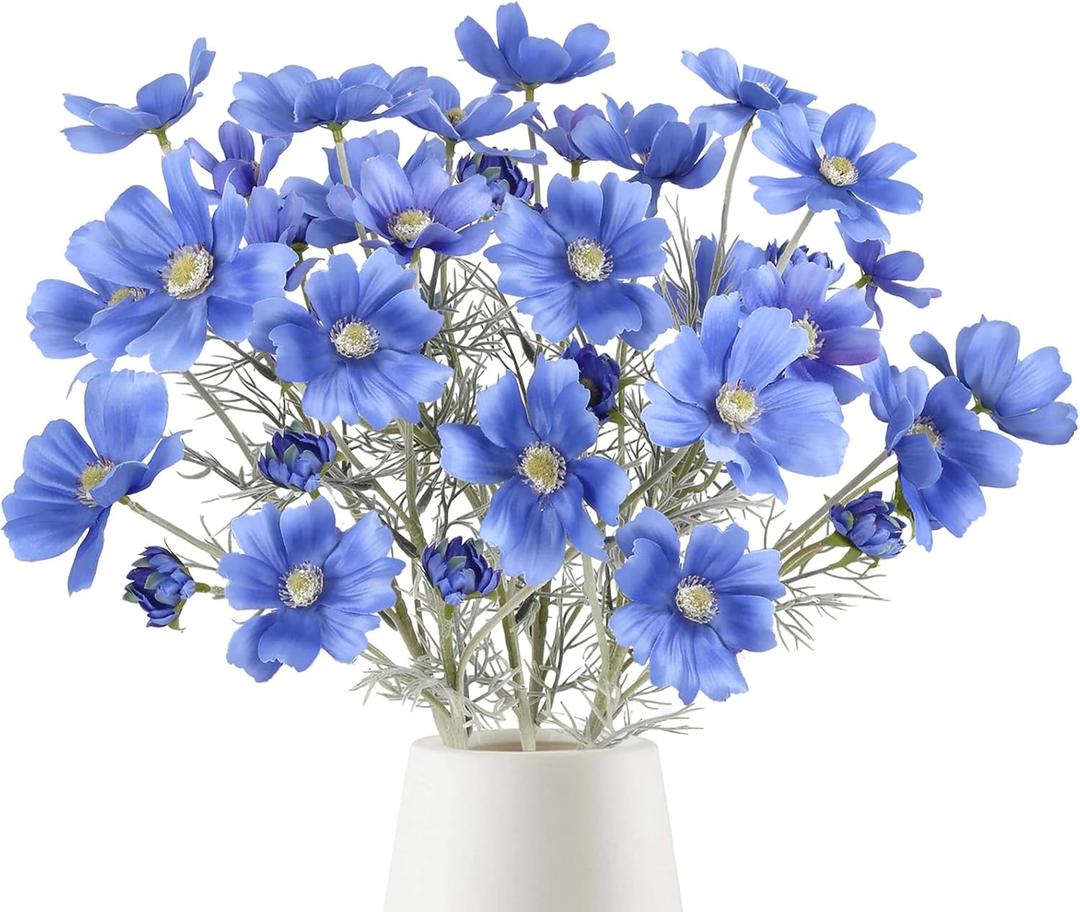 6PCS Blue Silk Cosmos Flowers 24'' Wild Flowers Artificial Fake Flowers Arrangement for Wedding Party Kitchens Home Decoration(Blue)