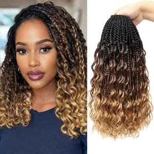 Goddess Box Braids Crochet Hair for Black Women 14 Inch Boho Crochet Braids | 7 Packs Boho Crochet Box Braids With Curly Ends, Crochet Braids Pre-looped Easy Install, Lightweight & Soft 1B/30/27