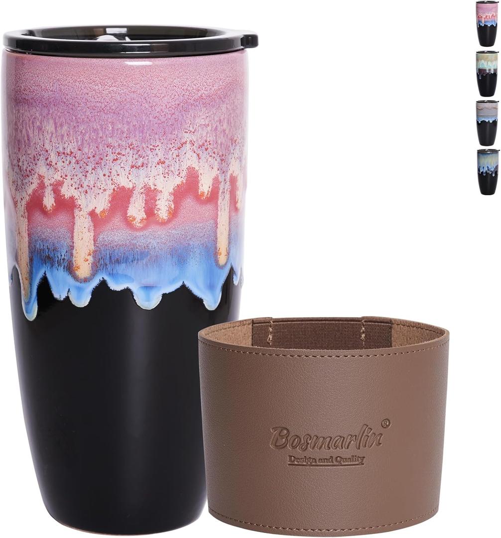 Bosmarlin Ceramic Travel Coffee Mug with Lid, 21 oz, Portable Coffee Cup for Car Cup Holder, Microwave and Dishwasher Safe, Reactive Glaze (Pink)