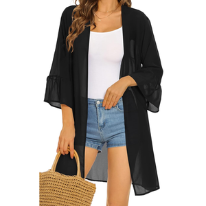 Women's Kimono Cardigans Floral Chiffon Loose Open Front Casual Summer Tops, Size L