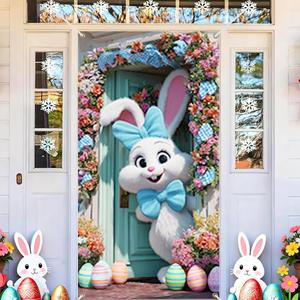 Cmialusie Door Banner Cute Bunny Floral Door Cover Spring Summer Front Door Decorations for Home Entryway Porch Party Decor 35.4x70.9 Inch (Colorful1330)