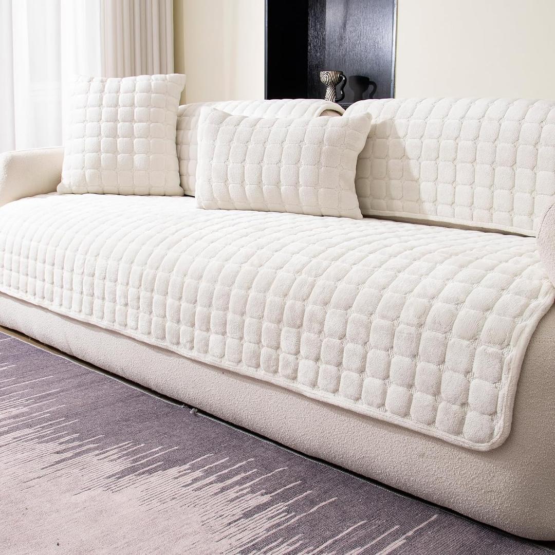 Velvet Couch Cover, Washable Sectional Sofa Cover, Anti Slip Sofa Slipcovers for 3 Cushion Couch Sofa L Shaped Recliner, Furniture Protector Covers for Pets Kids (White, Only 1 PCS)