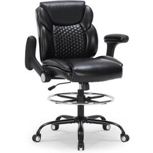 Drafting Chair, Ergonomic Tall Office Chair with Soft Adjustable Armrests and Foot Ring, Standing Desk Chair PU Leather High Office Chair for Counter Height Desk, Swivel Computer Stool, Black