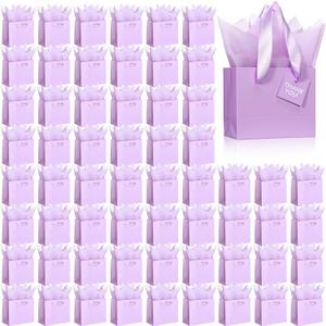 Qilery 50 Pcs St Patricks Paper Gift Bags Bulk with Tissue Paper Small Gift Bags with Handle and Tags for Birthday Wedding Mothers' Day Party Business(Light Purple,4.7 x 2.4 x 3.9'')