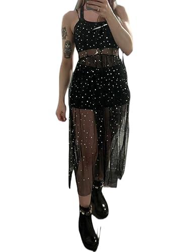 Mluiov Women's Tulle Sheer Mesh Sequin Swimsuit Cover Up Sparkly Flowy Long Maxi Slit Dress Rave Festival Sexy Outfits Black Size Large