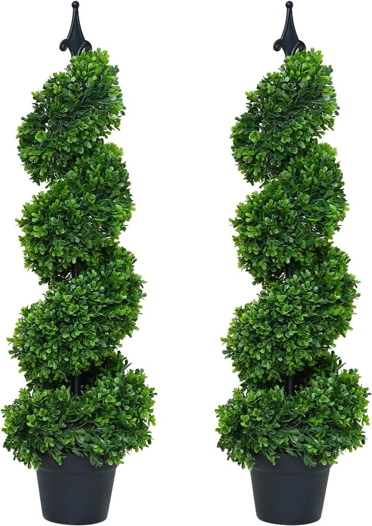 2 Pieces Artificial Plants Spiral Topiary Trees,3ft Fake Tree Faux Plant with Pot Base,Porch、Garden and Indoor Decor