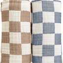 Ultra Soft Checkered Muslin Baby Blanket Pack of 2 Cotton Swaddles Bed Blankets for Babies and Toddlers Boys Newborn 42 x 42 inches (Blue and Coffee)