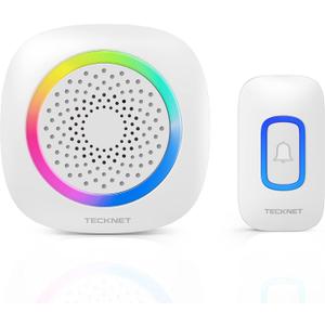 TECKNET Longest 1300 Feet Wireless Doorbell with RGB Alarm Lighting,Battery-Powered IP66 Waterproof Design,60+Chimes & 5-Level Volume for Home/Apartment/Classroom/Business,4.5-Year Battery Life,White (1 push button 1 portable receiver)