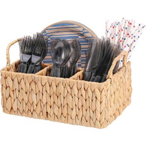 Wicker Party Silverware Caddy, Water Hyacinth Plastic Cutlery Utensil Holder, Hand Woven with Handles, Kitchen Countertop and Picnic flatware Organizer (4 compartments)