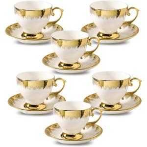 LETAOTAO Tea Cups and Saucers Set of 6, 7 oz Ceramic Turkish Coffee Cup With Gold Trim for Cappuccino, Latte, Mocha, Au Lait, Double Espresso, White