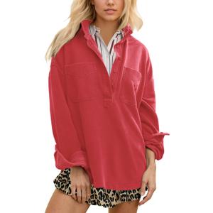 Locachy Women's Casual Oversized Polo Neck Sweatshirt Lapel Long Sleeve Button Pullover Tops Fashion Outfits Clothes (Red, XL)
