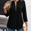 LOMON 3/4 Length Sleeve Womens Tops Business Casual Zip Front V Neck Shirt Loose Fit Work Tunic Blouse (Black, L)