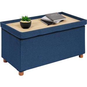 B FSOBEIIALEO Storage Ottoman with Tray, Foot Stools and Ottomans with Legs, Storage Cube Seat Linen Blue 30", Large