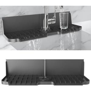 17 x 5.5 Silicone Faucet Handle Drip Catcher Tray Mat, Silicone Faucet Mat Dish Soap Sponge Holder for Kitchen Sink, Drying Mat for Kitchen Counter Bathroom Kitchen Sink Splash Guard - Black