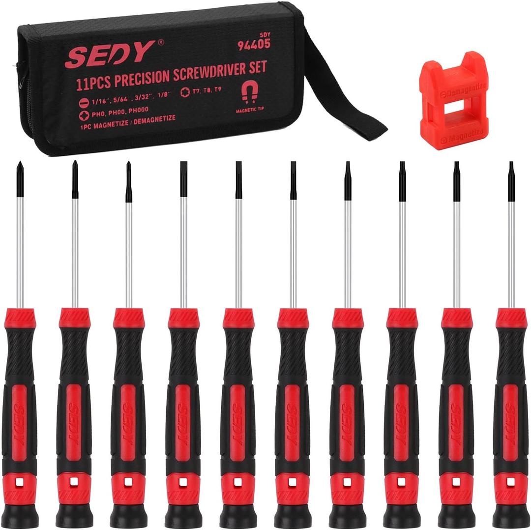 11-Piece Precision Screwdriver Set - Magnetic Mini Screwdrivers for Eyeglasses, Watches, Computers, Laptops, Phones - Phillips, Slotted, Torx, Non-Slip Handle, Portable Storage Bag Included