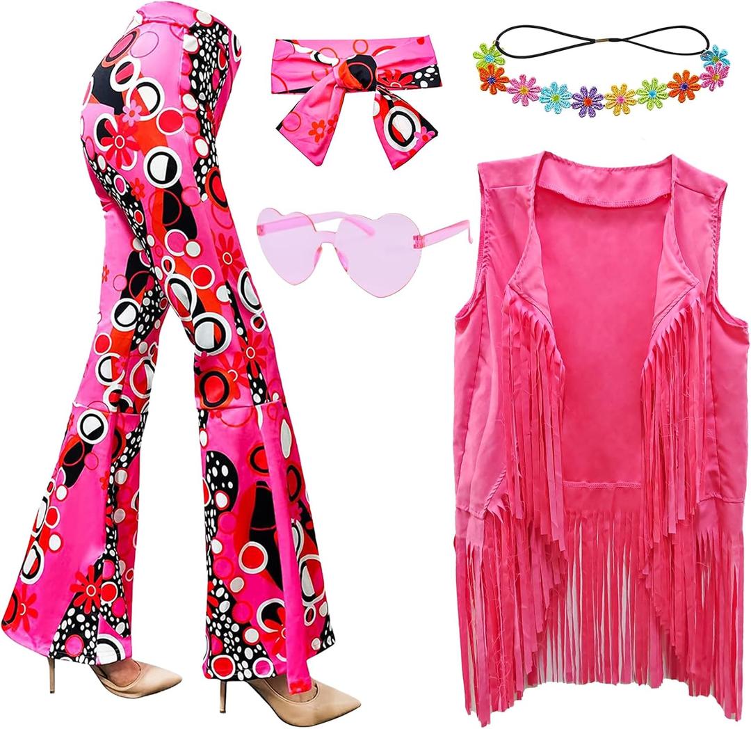 ATAMET 5 Pcs 60s 70s Hippie Costume Disco Outfits Fringe Vest Boho Bell Bottoms Peace Accessories Set Halloween for Women (Large, Pink)