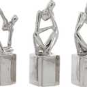 CosmoLiving by Cosmopolitan Porcelain Ceramic People Decorative Sculpture Sitting Thinker Home Decor Statues, Set of 3 Accent Figurines 4"W, 13"H, Silver