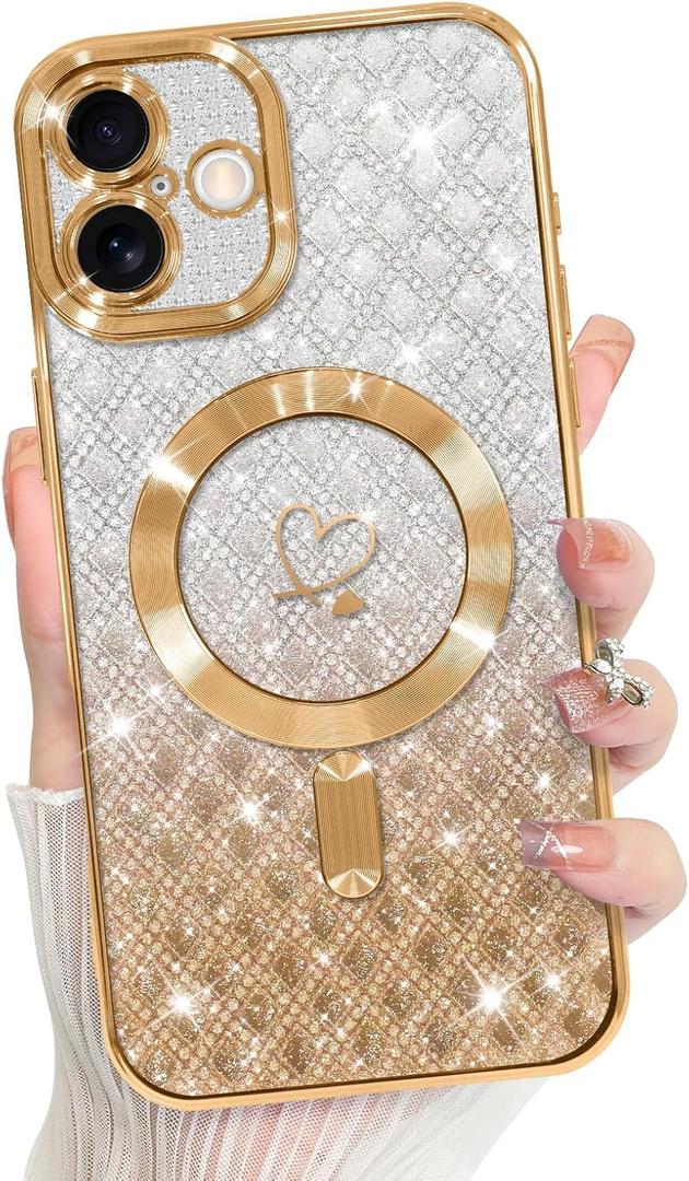 Bonoma Compatible with iPhone 17 Case 2025 Support for MagSafe, Plating Heart Glitter Magnetic Checkered Case TPU Camera Protection Back Cover for Girls Women -Gold