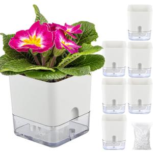 Planterhoma Self Watering Plant Pots for Indoor Plants 4.3 inch, 6 Packs Square Self-Watering Planters with Drainage Hole, White African Violet Pots for Devil's Ivy, Spider Plant, Orchid, Herb