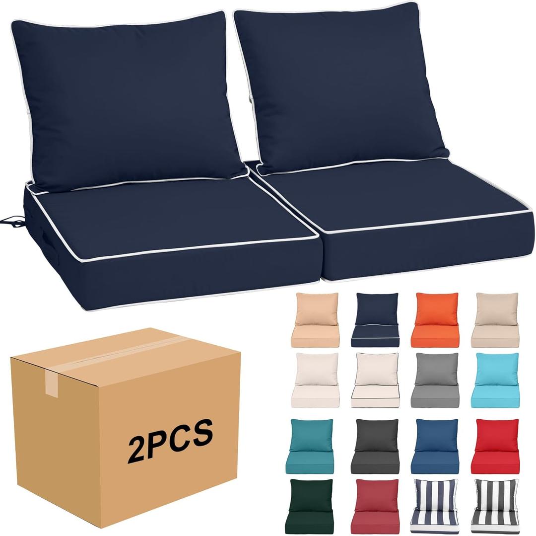 24x24x4in,Set2,Outdoor Chair Cushions with Back, Deep Seat Patio Cushions with Hidden Zipper Ties Handle, Waterproof Patio Furniture Replacement Cushion for Rattan Sofa,Navy blue + white piping
