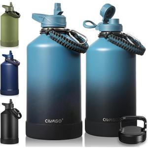 CIVAGO Gallon Insulated Water Bottle Jug with Straw, 128 oz Large Stainless Steel Water Flask, Big Metal Thermal Mug with 3 Lids for Sports, Travel, Gym, and Camping, Indigo Black