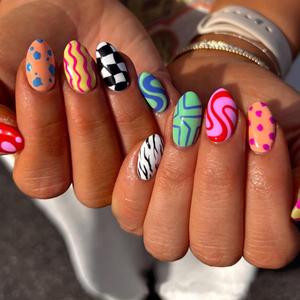 Dopamine Colorful Press on Nails Short CEWEWP Almond Fake Nails with Checkered Striped Design Cute Geometric Irregularity Acrylic Stick on Nails Summer Glossy Full Cover Glue on Nails for Women 24Pcs (Q16)