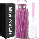 Bling Water Bottle Rhinestone,Diamond Cup,Glitter Stainless Steel Thermal Bottle with 55In Chain,Sparkly Gifts for Girls Women,Rhinestone Tumbler for Anniversary,Birthday(Pink)