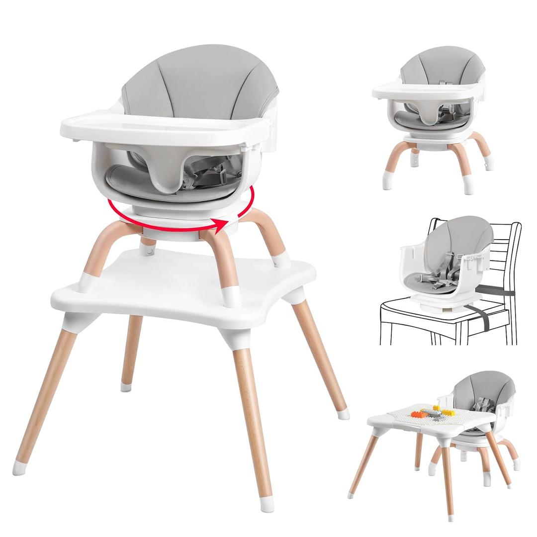 Baby High Chair, 7 in 1 Convertible High Chairs for Babies and Toddlers, Kids Learning Table, Building Block Table, Toddler Dining Chair with 360 Rotating Seat, 5-Point Safety Harness (Grey)