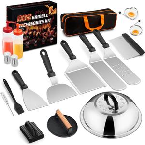 18Pcs Griddle Accessories Kit (with Basting Cover), Joyfair Stainless Steel Flat Top Grilling Spatula Accessory Tools Set with Melting Dome Burger Press, for Outdoor BBQ Teppanyaki Hibachi Cooking