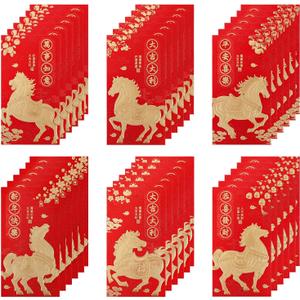36pcs 2026 Horse Red Envelopes, Golden Foil Glitter Long Hong Bao Chinese Red Pocket Packet Cash Lucky Money Envelopes for Spring Festival Chinese Lunar New Year Supplies Decorations