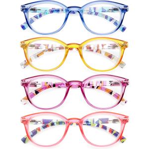 HEEYYOK 4 Pack Reading Glasses Women,Round Frame Readers Spring Hinges,Ladies Fashion Colorful with Soft Case, +2.50