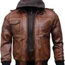Mens Genuine Black Hooded Bomber Leather Jacket | Real Lambskin Waxed Brown Leather Jackets for Men with Removable Hood (Medium)