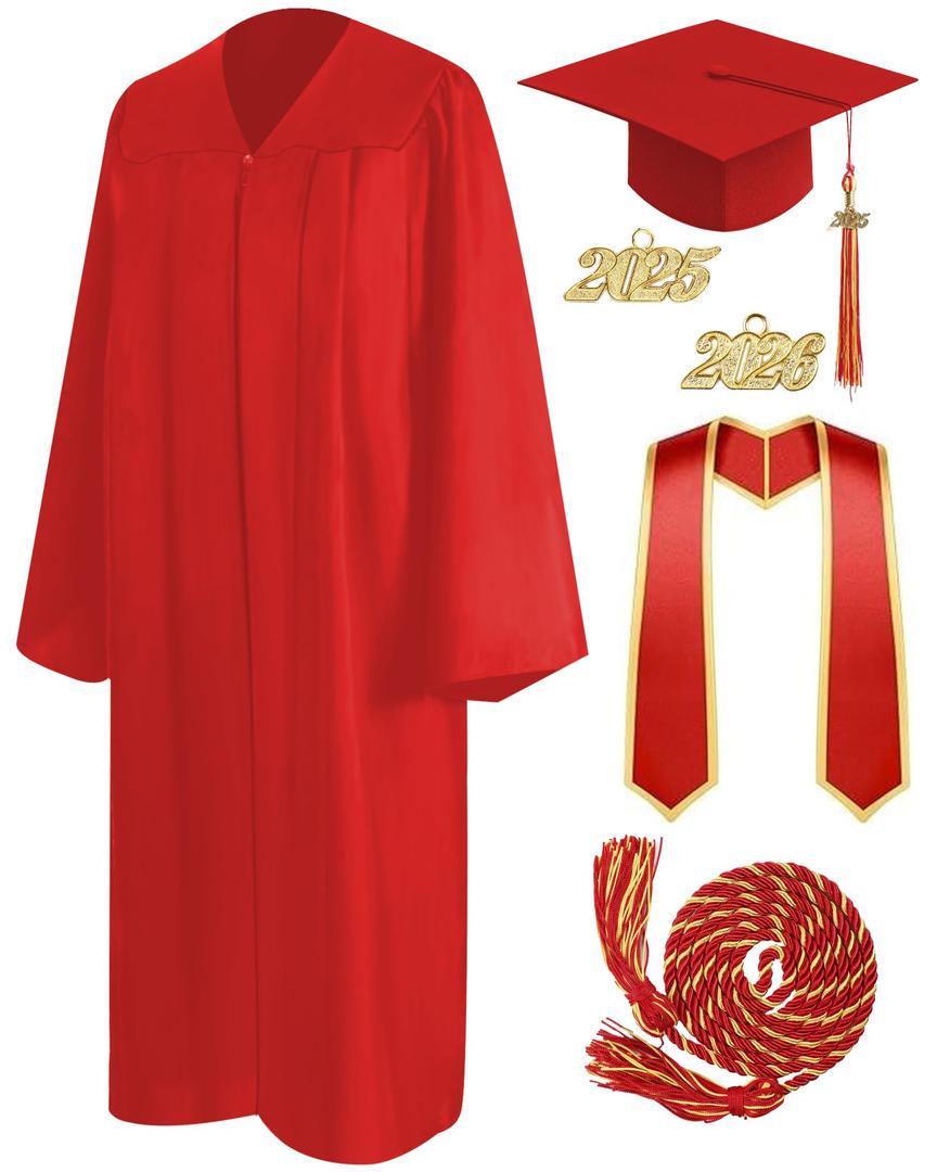Mukum Graduation Cap and Gown 2026 Set with 2026 Charms Tassel Honor Cord Graduations Unisex Cap and Gowns for High School College Ceremony Red -48 (Red)