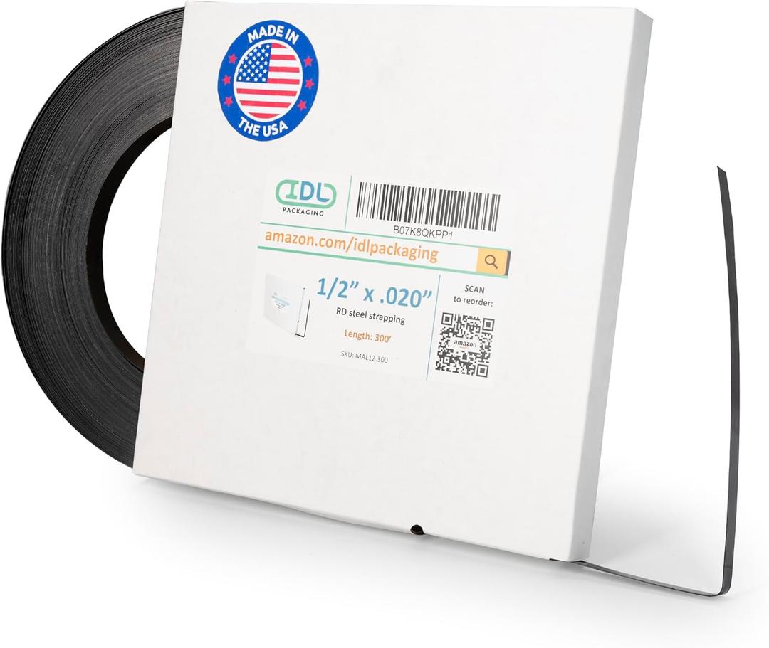 IDL Packaging 1/2" x .020" x 300' Steel Strapping Coil (1100 Lbs Break Strength) in Self-Dispensed ardboard Box - Portable Strong Banding with Superior Cut-Resistance - Heavy Pallet Strapping
