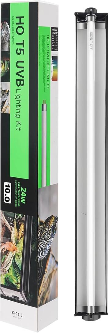 T5 HO 10.0 UVB Light for Reptiles, 24W Light Fixture Combo Kit with Switchable 5.0 & 10.0 UVB Output, 22" Fluorescent Tube UVA UVB Reptile Light for Reptile Eco-Tanks and Aquariums