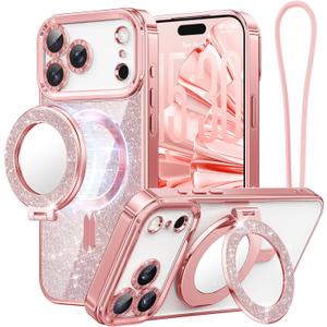 Meifigno Magnetic Case Designed for iPhone 17 Pro Max with Removable Phone Ring Stand, Glitter Card & Wrist Strap, Compatible with MagSafe, Built in Mirror, Phone Ring Holder + Case Kit, Rose Gold