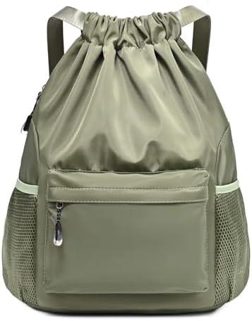 LOKAPEGY Green Drawstring Backpack for Women, Waterproof Drawstring Gym Bag for Men, Small Cinch Sack for Basketball, Pull String Sport Bag for Soccer.