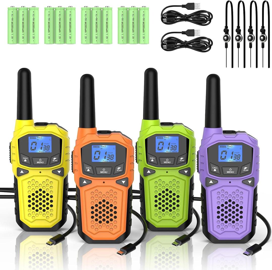 Walkie Talkies for Adults- WokTok Long Range Two Way Radio for Camping Hiking Hand Held Hiking Accessories Camping Gear Xmas Birthday Gift for Kids,SOS Siren,NOAA Weather Alert,4 Radios (Yellow+Orange+Green+Purple)