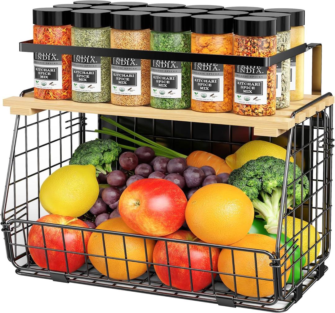 Magnetic Shelf for Fridge: Fruit Potato and Onion Storage Bin - Magnetic Spice Rack for Refrigerator & Kitchen Counter - Pantry Organizers and Storage (1PACK-Black)