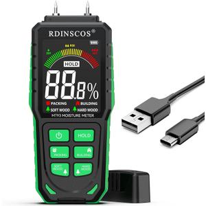 Rechargeable Moisture Meter for Wood, Walls & Hardwood Accurate Pin-Type Digital Tester with Large Color Display, Automatic Alarm, Calibration & HOLD Function for DIY & Construction Projects