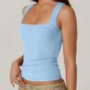 QINSEN Women's Double Layer Tank Tops Square Neck Sleeveless Basic Tight T Shirts (Blue, M)